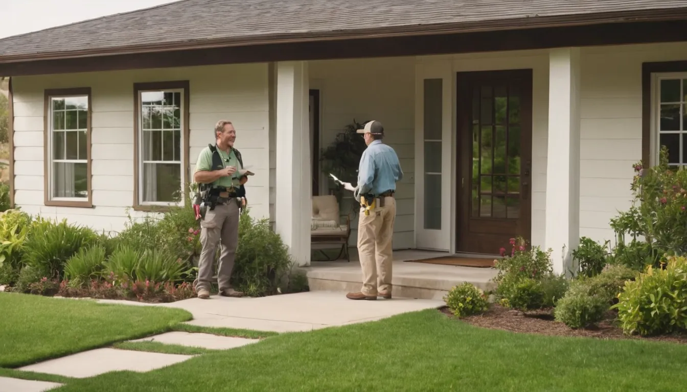 A friendly provider talking with a homeowner at the front door of a ranch home near De Soto