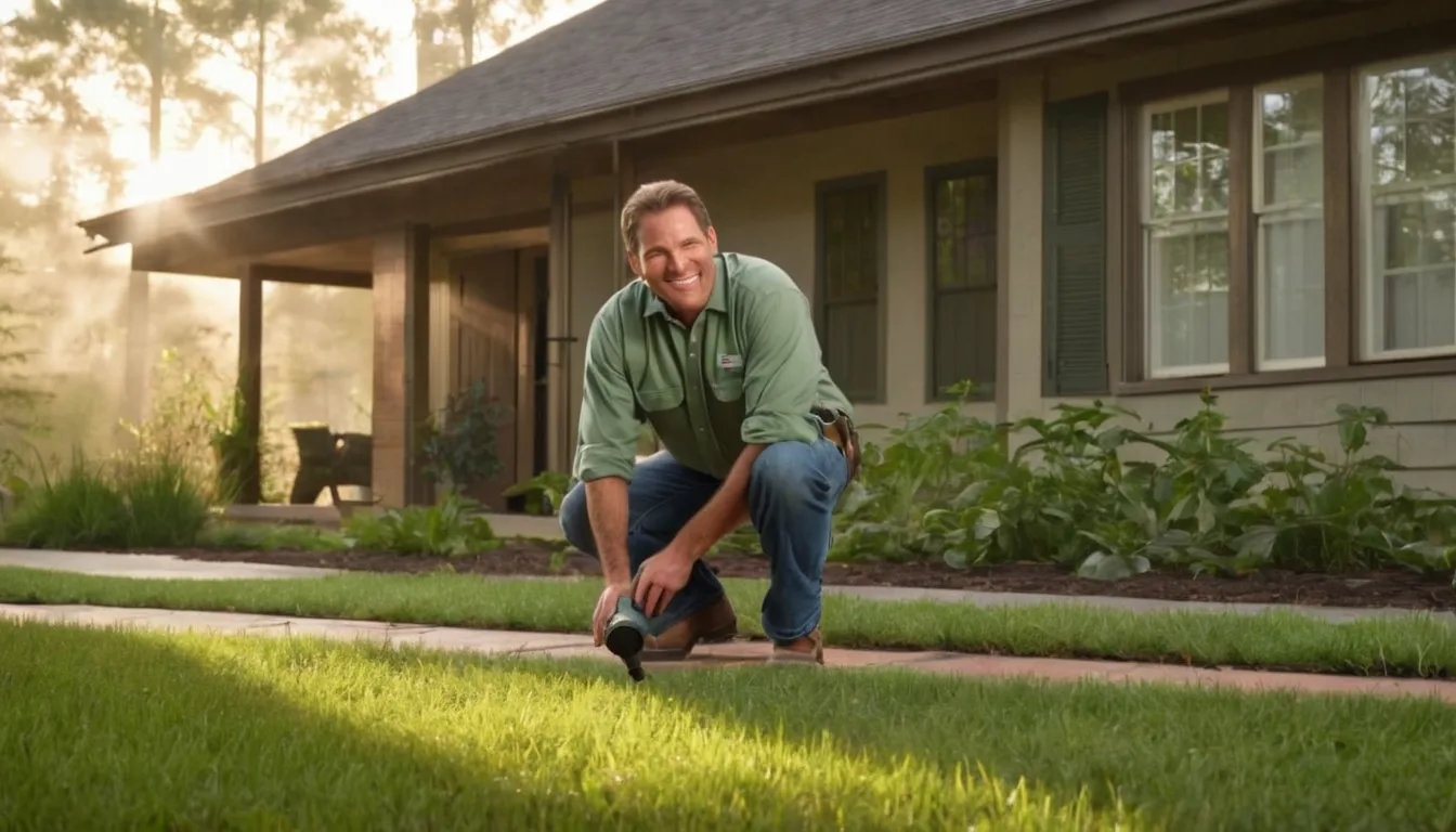 A pest control provider inspecting the foundation of a ranch-style home near De Soto with a flashlight